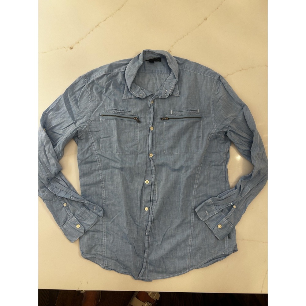 John Varvatos Shirt Mens Medium Blue Chambray Long Sleeve Button Zip Pockets